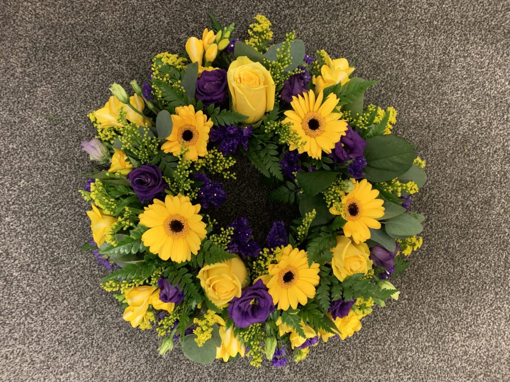 Yellow and Blue Wreath Buds and Bows Flowers